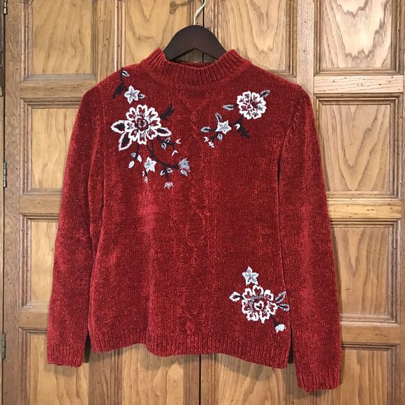 Alfred Dunner Women's PM Chenille Sweater Red Floral Cable Knit Embroidered Top - Picture 1 of 7